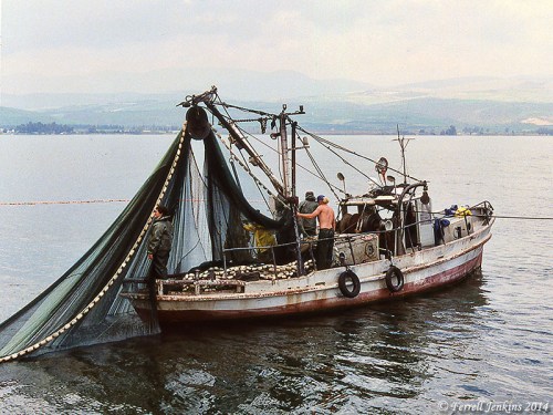 Fishing boat using purse-seine on Sea of Galilee - March 1992