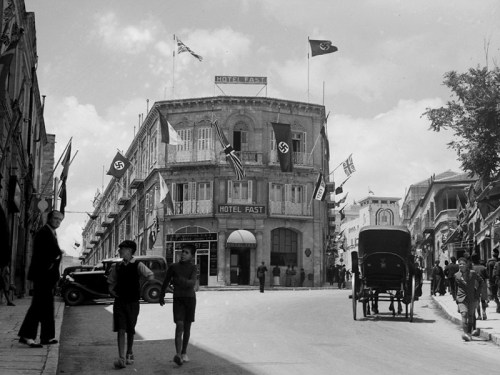 Photo taken on Coronation Day of King George VI in 1937. The Fast Hotel, on lower Jaffa Road, was owned by a Templer family.