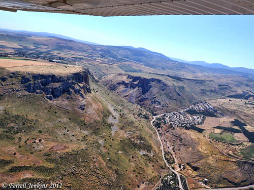 Aerial view of Arbel, Wadi Hamam, and the Via Maris. Photo by Ferrell Jenkins.
