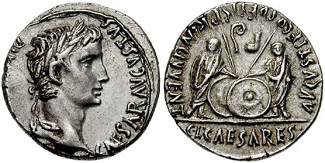 Coin of Augustus showing shields, lituus, and simpulum.