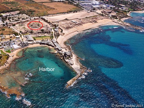 Aerial view of Caesarea Maritima showing the Sebastos harbor and the site of the Augustus temple. Photo by Ferrell Jenkins.