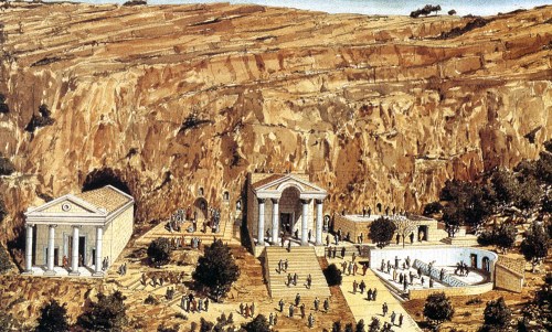 Reconstruction of the Pan temenos at Panias. From Archaeological Sites in Israel, published by the Israel Information Center, Jerusalem, 1998.