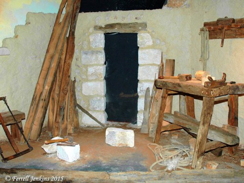 A carpenter's shop at Nazareth Village, showing woodwork and stone work. Photo by Ferrell Jenkins.