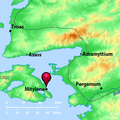 The island of Lesbos is close to modern Turkey. Credit: biblos.com.