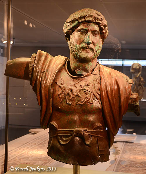 Bronze statue of Hadrian discovered in a Roman army camp of the Sixth Roman Legion. He is portrayed as the supreme military commander. Photo by Ferrell Jenkins.
