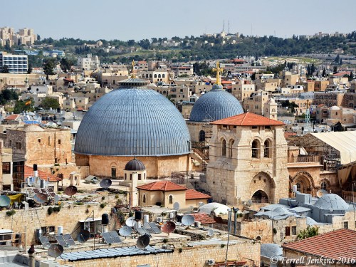 The gray domes of the Holy Sepulchre (left) and the site of Calvary (right) from the roof of the Citadel. Photo by Ferrell Jenkins.