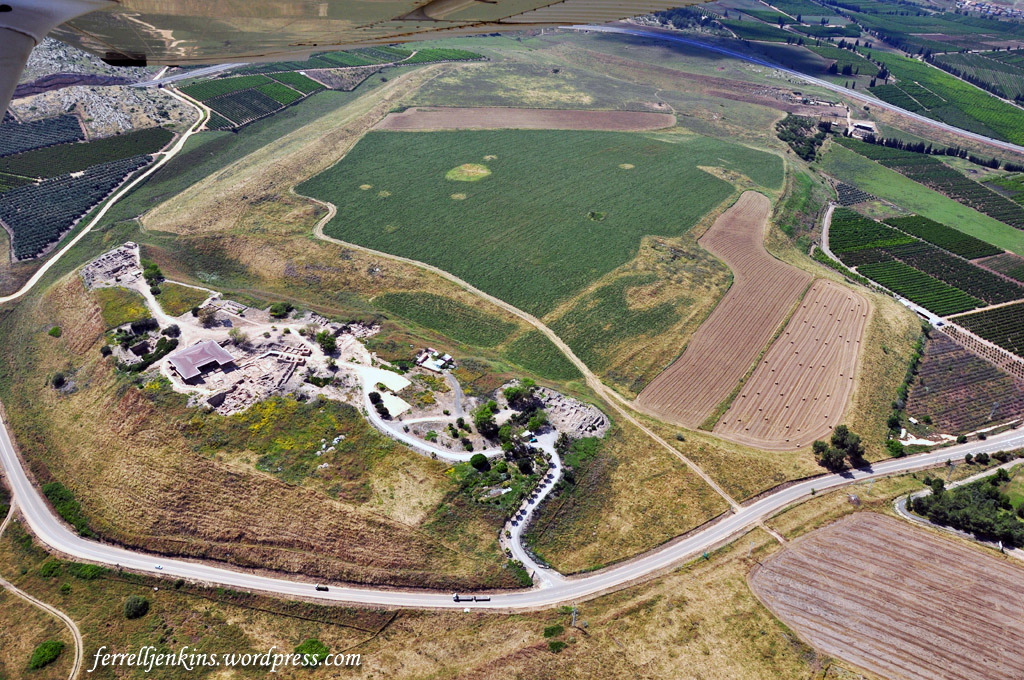 Tel Hazor from the air, showing both lower and upper mound. Photo by Ferrell Jenkins.