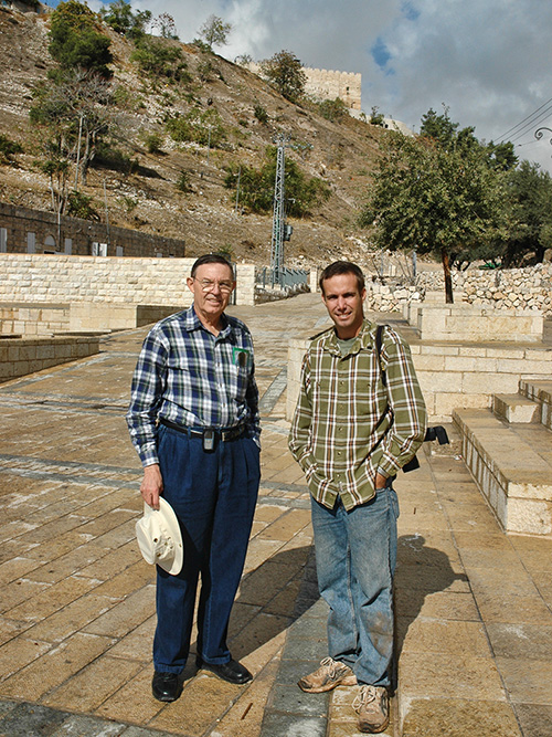 Ferrell Jenkins and Todd Bolen at the plaza in front of Gihon Spring. The "Pinnacle" of the Tempe (the south east corner) may be seen in the distance.
