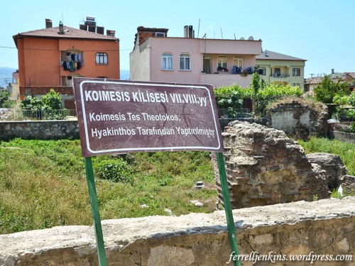 Sign at site of Dormitian of the Theotokos, built by Hyakinthos. Photo by Ferrell Jenkins.