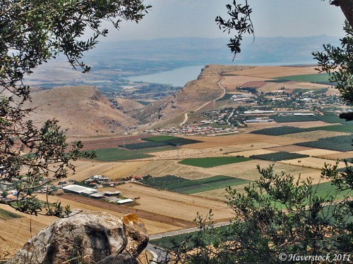 From the Horns of Hattin one sees Mount Arbel, the Arbel Valley, the plain of Gennesaret and the northern end of the Sea of Galilee. Photo by Larry Haverstock.