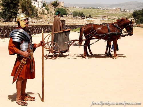 Roman Centurion and a Charioteer at Jerash (the RACE show at Jerash). Photo by Ferrell Jenkins.