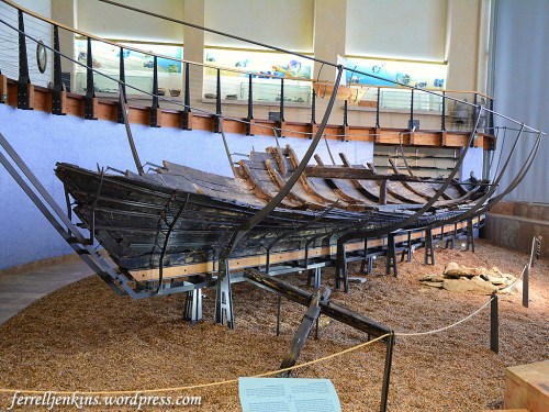 The Ma'agan Mikhael ship displayed in the Hecht Museum. Photo by Ferrell Jenkins.