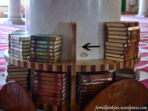 Our guide says that one of the bullets fired at King Abdullah I lodged in this column and was left here (where out arrow is pointing). Photo by Ferrell Jenkins.
