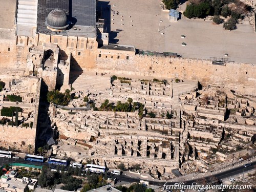 Aerial view showing the Al-Aksa dome, the Ophel, including the gigantic stairway that worshipers took to enter the temple. Photo by Ferrell Jenkins.