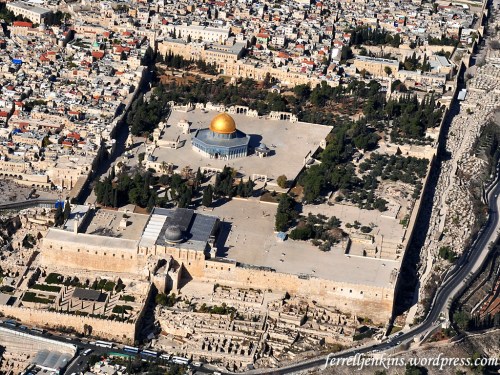 Aerial view of the temple precinct from the time of Herod the Great. Today the area is occupied by Moslem shrines, Al Aksa Mosque and the Mosque of Omar (Dome of the Rock). Photo by Ferrell Jenkins.