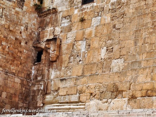 Most of the Double Gate is covered by a later building, but a small portion of the eastern door jamb can be seen in the left of our photo. Herodian stone work has been found inside the gate. The lower part of a window in the Al Aksa Mosque is visible at the top of the photo. Photo by Ferrell Jenkins.