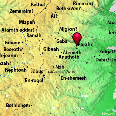 This map identifies Perath as possibly the site mentioned in Joshua 18:23. Map courtesty of BibleHub.com.