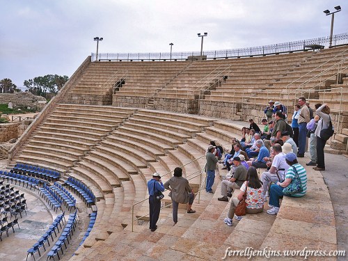 A tour group in the theater listens as the guide begins to tell them about the important of Caesarea. Photo by Ferrell Jenkins.