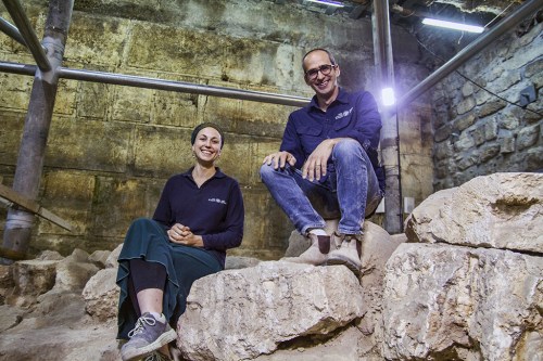 Israel Antiquities Authority excavation directors Dr. Joe Uziel and Tehillah Lieberman at the excavation site. Photograph: Yaniv Berman, courtesy of the Israel Antiquities Authority.