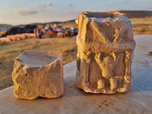 Two cultic incense altars found in one of the rooms of the structure (photo: Michal Haber, Israel Antiquities Authority)