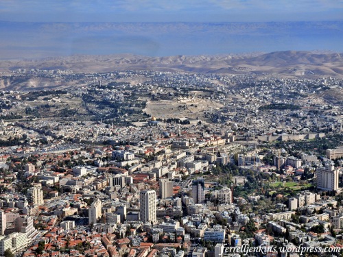 Aerial view of Jerusalem from the west. This photo shows the new (west) city of Jerusalem, the Old City, the Mount of Olives, the wilderness of Judea, the Dead Sea, and the mountains of Moab (Transjordan plateau). Photo by Ferrell Jenkins.