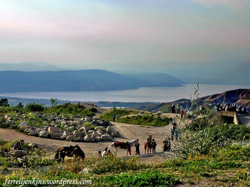 View of the Sea of Galilee in the late afternoon from Umm Qais (Gadara). Notice the slight red sky showing through the haze. Photo by Ferrell Jenkins. 