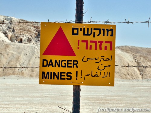 This is one of the signs warning of the landmines. We also see these in certain area of the Golan Heights. Photo by Ferrell Jenkins.