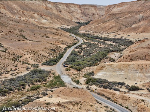 This photo shows a wadi in the wilderness of Zin at Ein Avedat. Photo by Ferrell Jenkins.