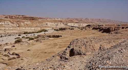 View northwest in the Arabah. This wadi can rage with water after rains in the hills to the west. Photo by Ferrell Jenkins.