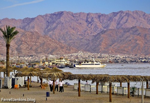 The north end of the Gulf of Eilat/Aqabah. The view is to the east and the city of Aqabah, Jordan. Tell el-Kheleifeh is only a short distance north of the shore in Jordan. Photo by Ferrell Jenkins.