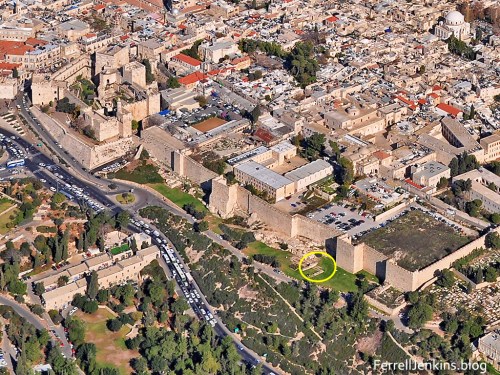 Aerial view of the portion of the west wall under consideration. In it you will see the Citadel and the Armenian Garden. The place of the "Hidden Gate" is circled. Photo by Ferrell Jenkins.