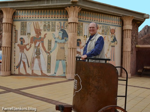 Leon Mauldin poses in an Egyptian chariot, but I see he doesn't have much horse power. Photo by Ferrell Jenkins.