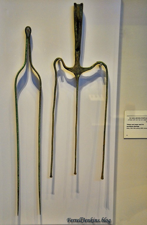 Trident and tongs from Acco displayed in the Israel Museum. Photo by Ferrell Jenkins.