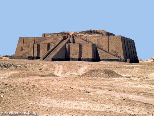 The ziggurat at Ur, Iraq. The remaining ruins can be seen above the reconstructed brick work. The reconstruction is about four stories high. Photo made by Ferrell Jenkins, May 13, 1970.