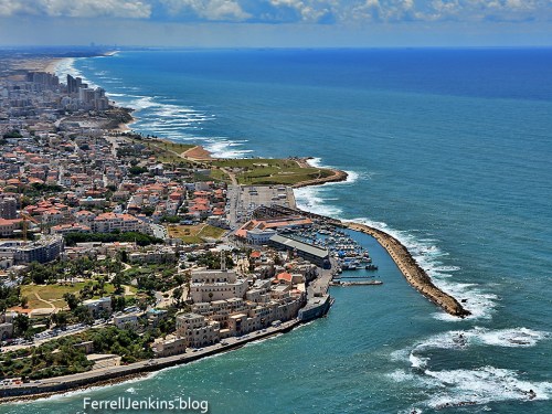 Aerial view of Joppa, showing the modern harbor. ferrelljenkins.blog.