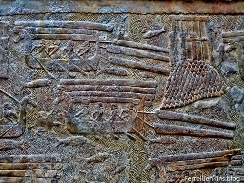 Sargon transporting cedar logs from Lebanon by sea. Displayed in the Louvre. Photo by Ferrell Jenkins.