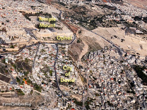 Aerial photo of the Temple Mount, the Ophel, and the City of David with identification. Photo: FerrellJenkins.blog.