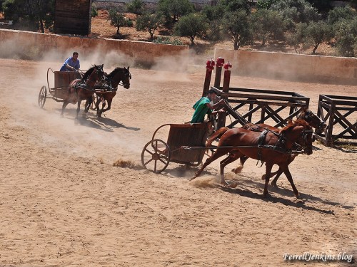 The chariot race, part of the Roman Army and Chariot Experience at Jerash, Jordan. FerrellJenkins.blog.