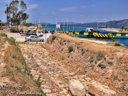 A portion of the Ancient Diolkos and the entrance to the modern Corinth Canal on the Gulf of Corinth. Photo: ferrelljenkins.blog.