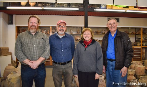 Luke Chandler, Yosef Garfinkel, Eilat Mazar and Ferrell Jenkins in the archaeology lab at Hebrew University. Photo: ferrelljenkins.blog.