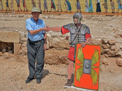 Ferrell Jenkins greeted by Roman soldier at Bet Guvrin. Photo by Leon Mauldin/Ferrell Jenkins.