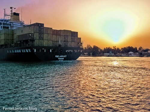 Ship in Suez Canal at sunset. Photo: ferrelljenkins.blog.