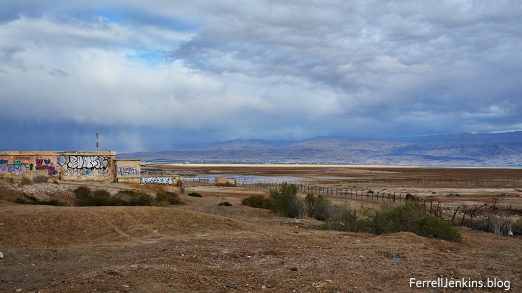 The north end of the Dead Sea. The view is from the Israel side toward the Transjordan plateau.